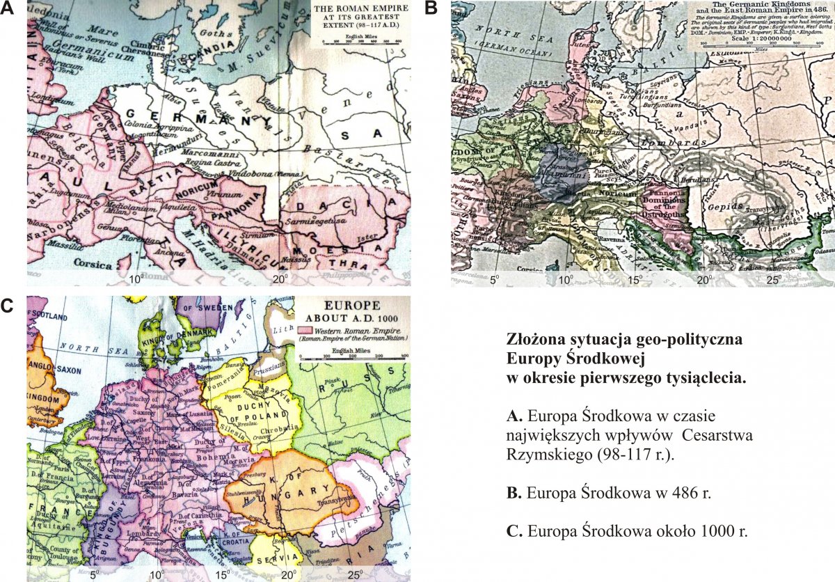 Mapy obrazujące złożoną sytuację geo-polityczną Europy Środkowej w okresie pierwszego tysiąclecia. W górnym lewym rogu mapa Europy Środkowej w czasie największych wpływów Cesarstwa Rzymskiego (98-117 r.). W górnym prawym rogu mapa Europy Środkowej w 486 r. W dolnym lewym rogu mapa Europy Środkowej około 1000 r.