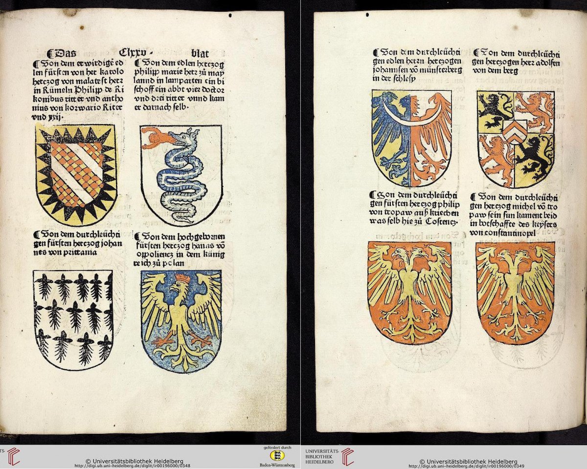 Herby książąt opolskiego i raciborskiego w inkunabule z 1483 r., egzemplarz pochodzi z Universitätsbibliothek Heidelberg