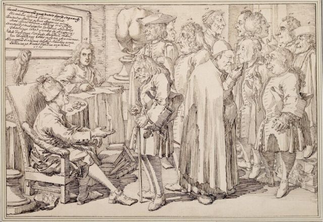 Pier Leone Ghezzi, Zebranie antykwariuszy w domie Barona Philippa von Stoscha (Congresso de’ migliori antiquarj di Roma, 1725), Wiedeń, Albertina, nr inw.: 1265, 270×395 mm, ©The ALBERTINA Museum, Vienna
