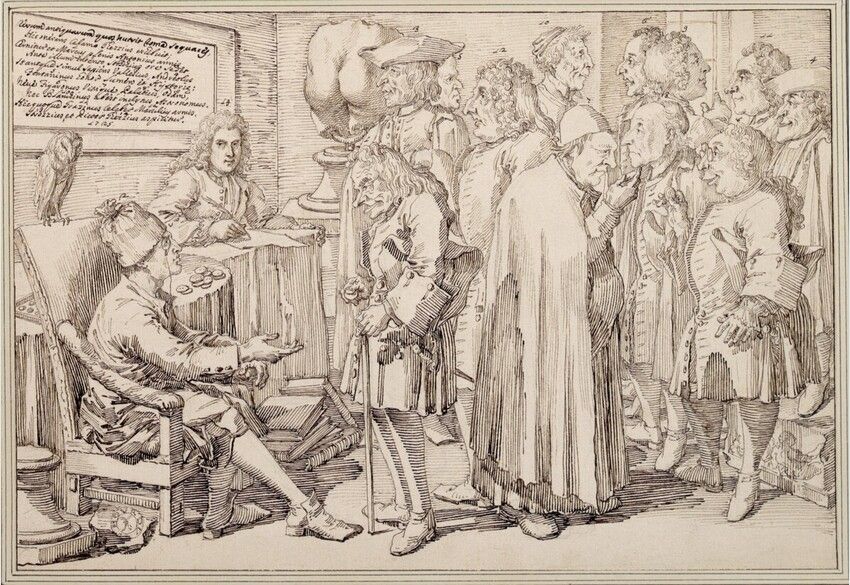 Pier Leone Ghezzi, Zebranie antykwariuszy w domie Barona Philippa von Stoscha (Congresso de’ migliori antiquarj di Roma, 1725), Wiedeń, Albertina, nr inw.: 1265, 270×395 mm, ©The ALBERTINA Museum, Vienna.